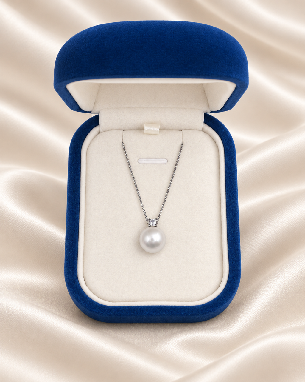 Pearl solitaire necklace in a navy velvet box