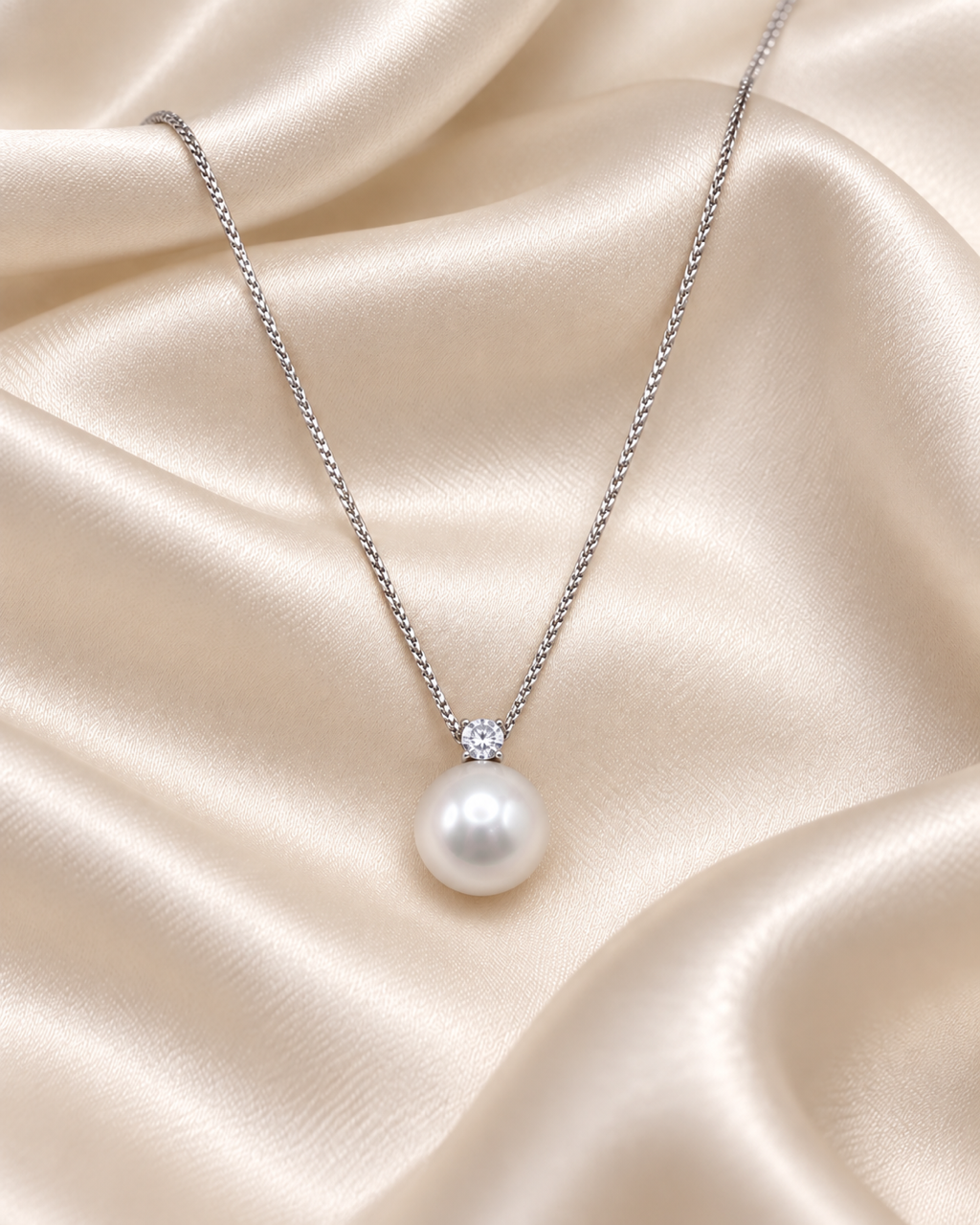 9mm white freshwater pearl solitaire necklace on silk