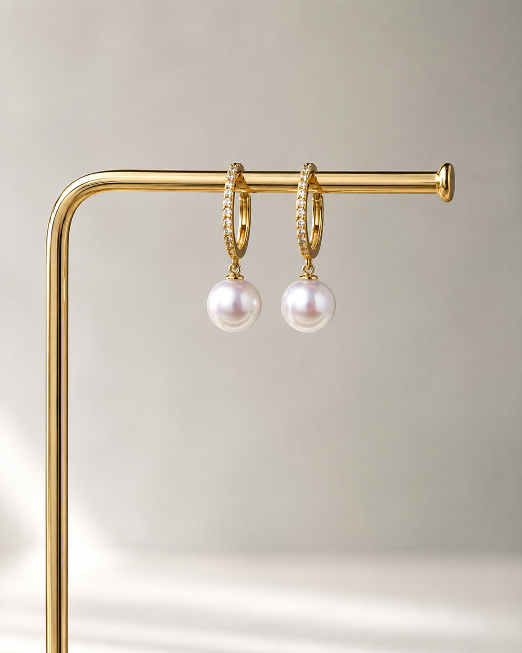 9mm white freshwater pearl pavé huggie drop earrings in gold