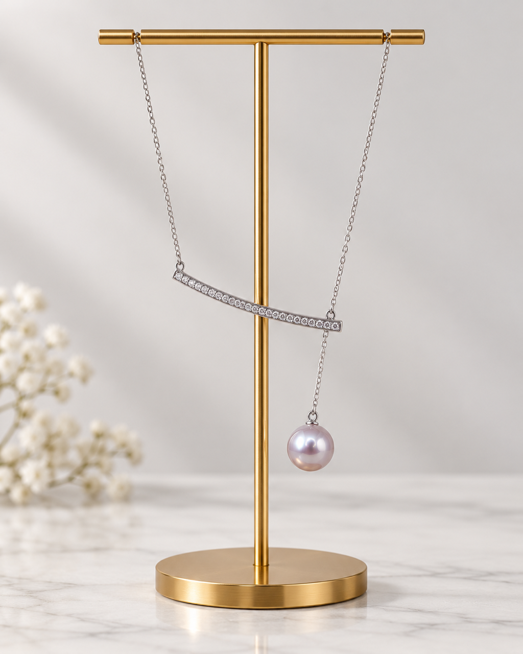 The 12mm Pink Freshwater Pearl Adjustable V-Bar Necklace - angled V view