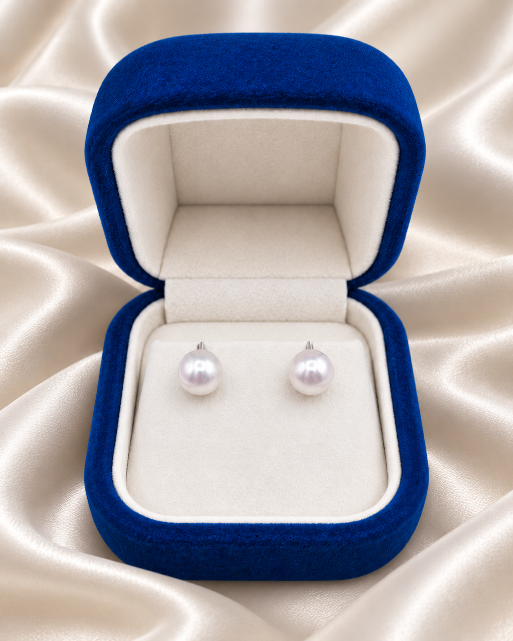 9mm white freshwater pearl stud earrings inside a navy velvet jewelry box