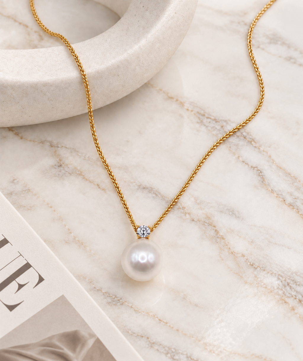 The 9mm White Freshwater Pearl Pavé Solitaire Necklace — Gold-Plated Sterling Silver