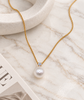 The 9mm White Freshwater Pearl Pavé Solitaire Necklace — Gold-Plated Sterling Silver